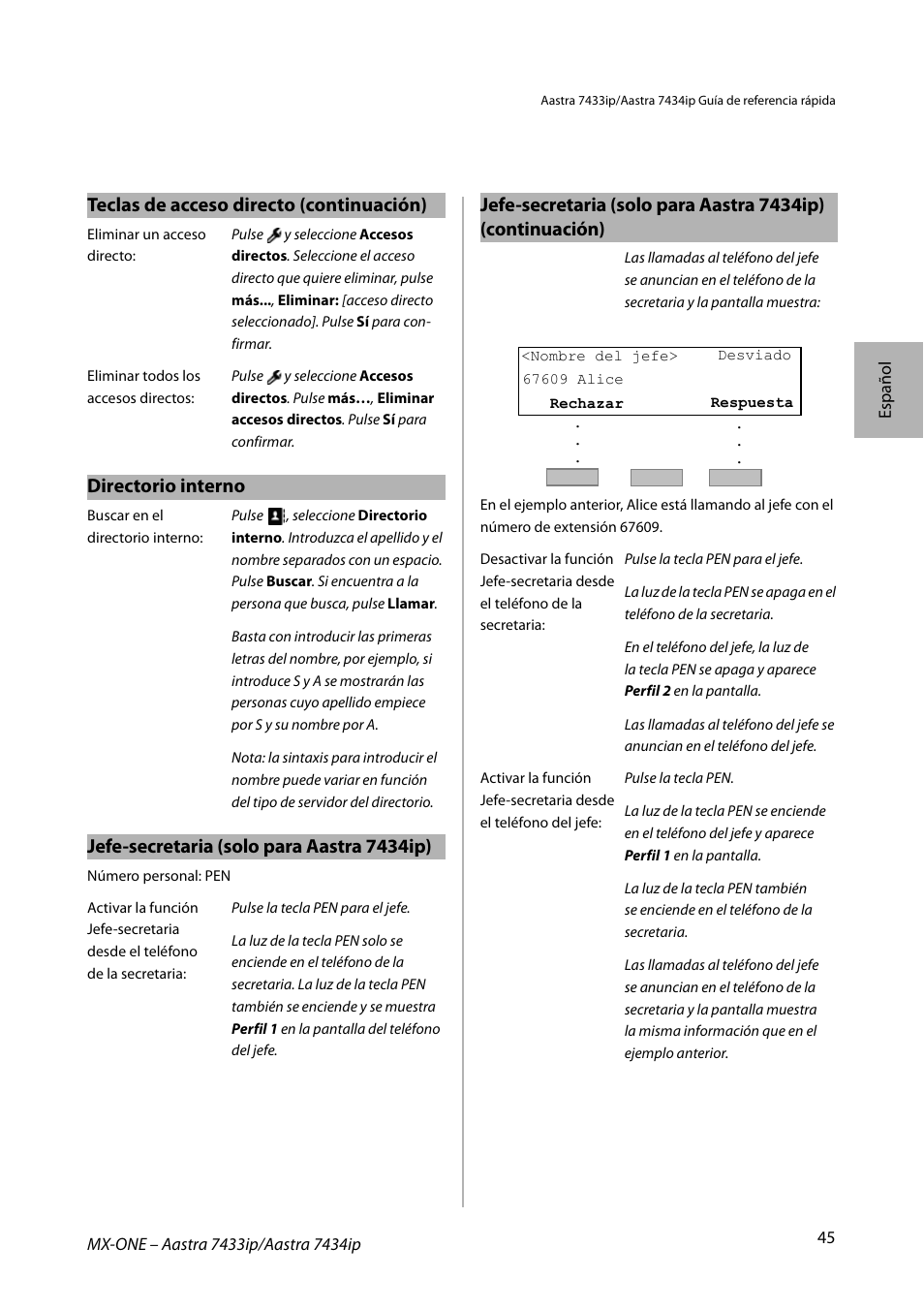 Directorio interno, Jefe-secretaria (solo para aastra 7434ip) | AASTRA 7434ip for MX-ONE Quick Reference Guide User Manual | Page 45 / 132
