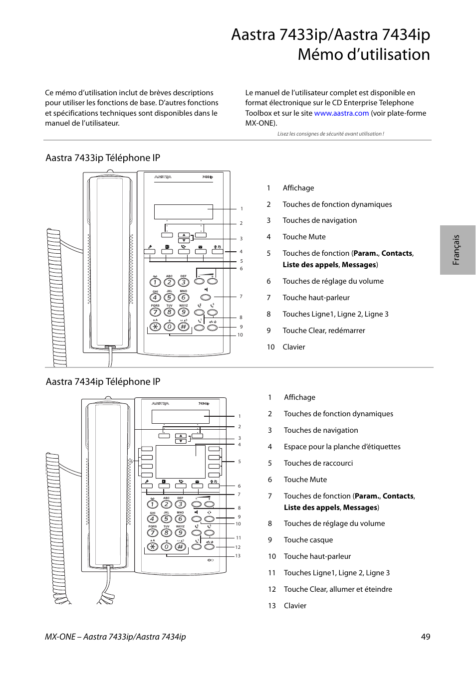 Aastra 7434ip téléphone ip, Aastra 7433ip téléphone ip | AASTRA 7434ip for MX-ONE Quick Reference Guide User Manual | Page 49 / 132