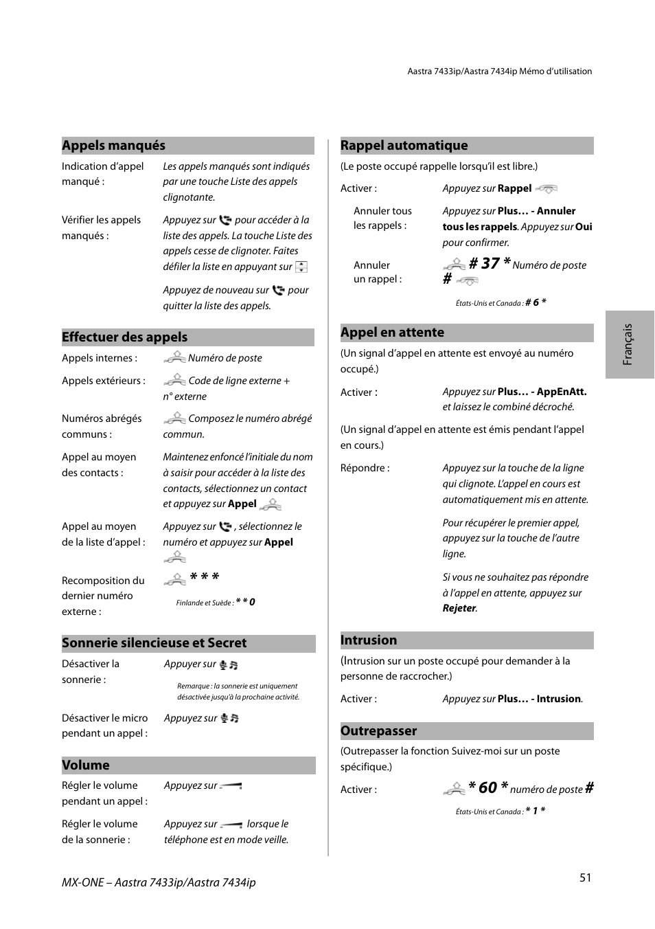 Appels manqués, Effectuer des appels, Sonnerie silencieuse et secret | Volume, Rappel automatique, Appel en attente, Intrusion, Outrepasser | AASTRA 7434ip for MX-ONE Quick Reference Guide User Manual | Page 51 / 132