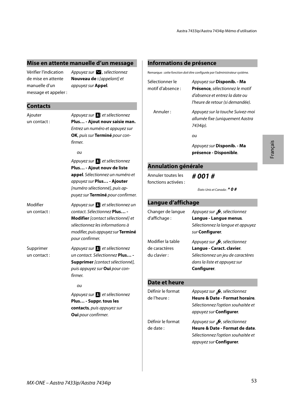 Mise en attente manuelle d’un message, Contacts, Informations de présence | Annulation générale, Langue d’affichage, Date et heure | AASTRA 7434ip for MX-ONE Quick Reference Guide User Manual | Page 53 / 132