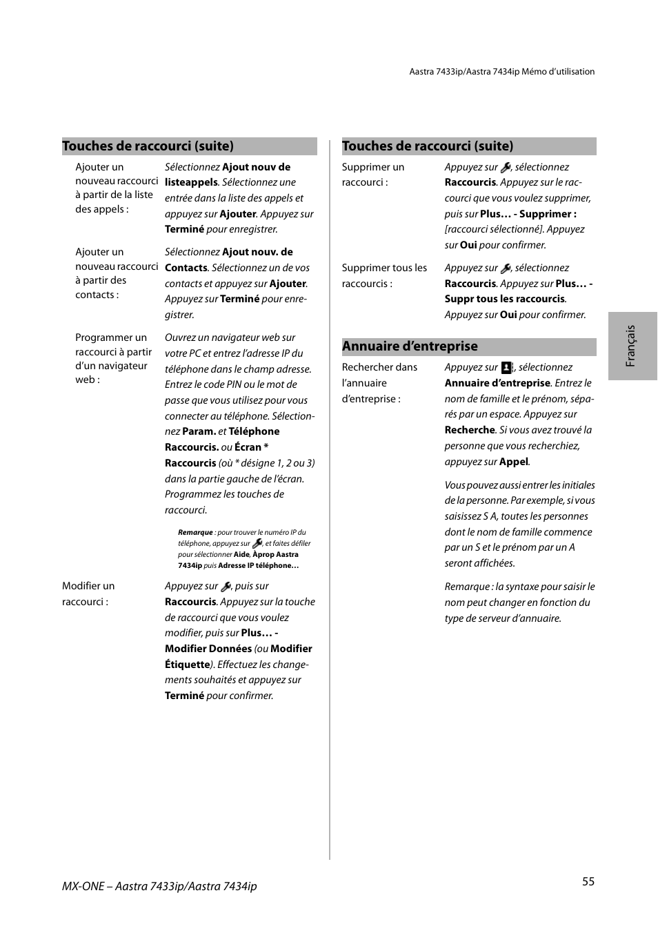 Touches de raccourci (suite), Annuaire d’entreprise | AASTRA 7434ip for MX-ONE Quick Reference Guide User Manual | Page 55 / 132