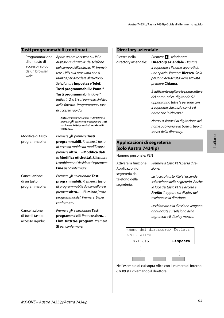 Tasti programmabili (continua) directory aziendale, Applicazioni di segreteria (solo aastra 7434ip) | AASTRA 7434ip for MX-ONE Quick Reference Guide User Manual | Page 65 / 132