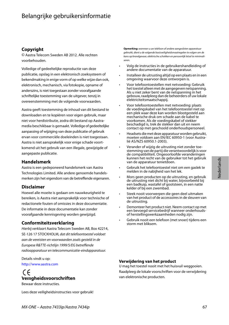 Belangrijke gebruikersinformatie, Nederlands, Copyright | Handelsmerk, Disclaimer, Conformiteitsverklaring, Veiligheidsvoorschriften | AASTRA 7434ip for MX-ONE Quick Reference Guide User Manual | Page 67 / 132