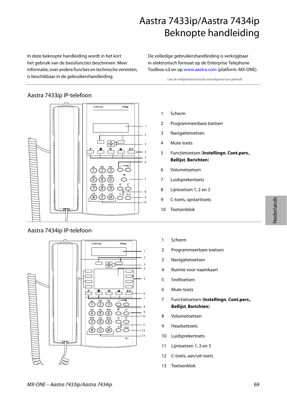 Aastra 7434ip ip-telefoon, Aastra 7433ip ip-telefoon | AASTRA 7434ip for MX-ONE Quick Reference Guide User Manual | Page 69 / 132