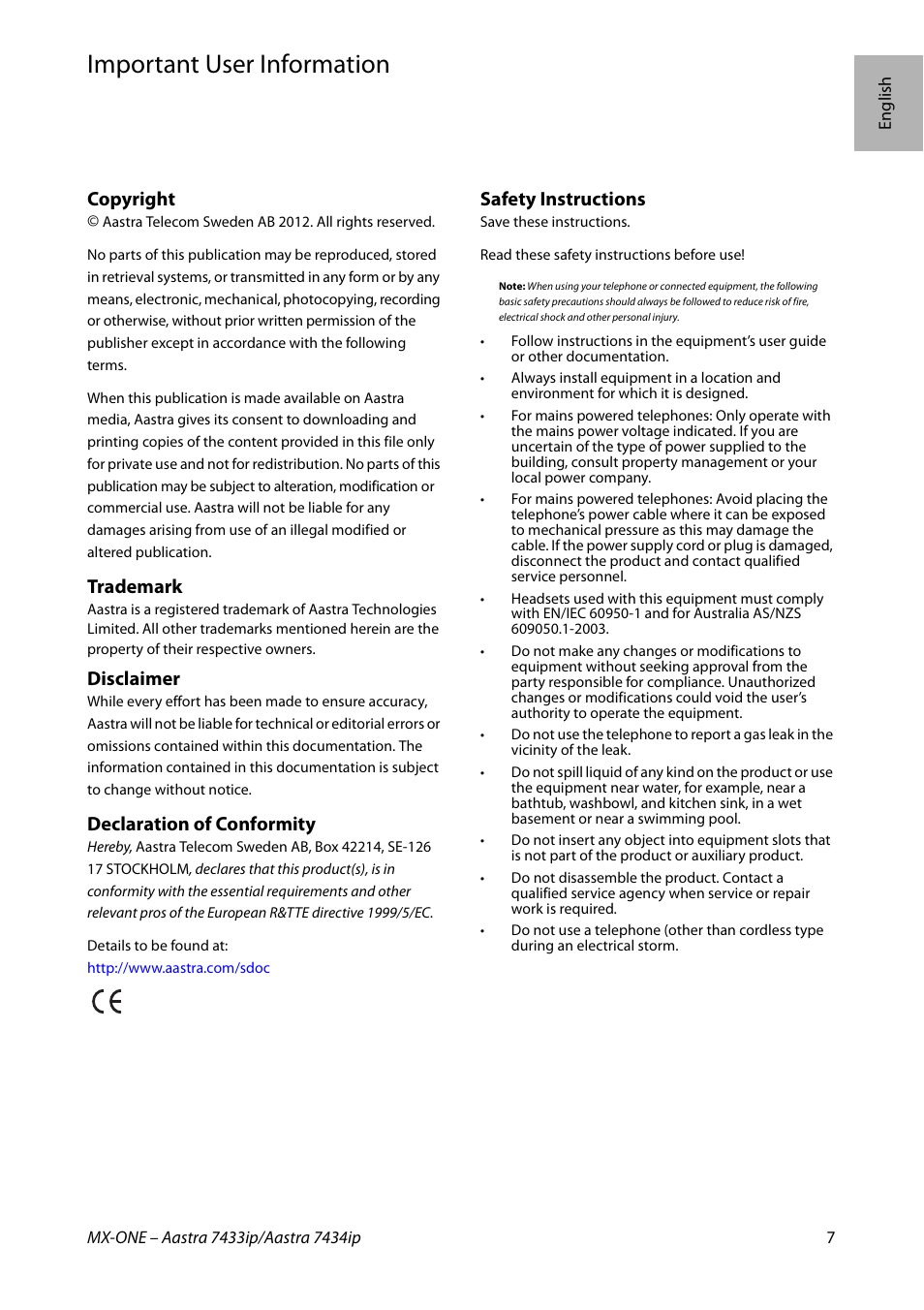 Important user information, English, Copyright | Trademark, Disclaimer, Declaration of conformity, Safety instructions | AASTRA 7434ip for MX-ONE Quick Reference Guide User Manual | Page 7 / 132