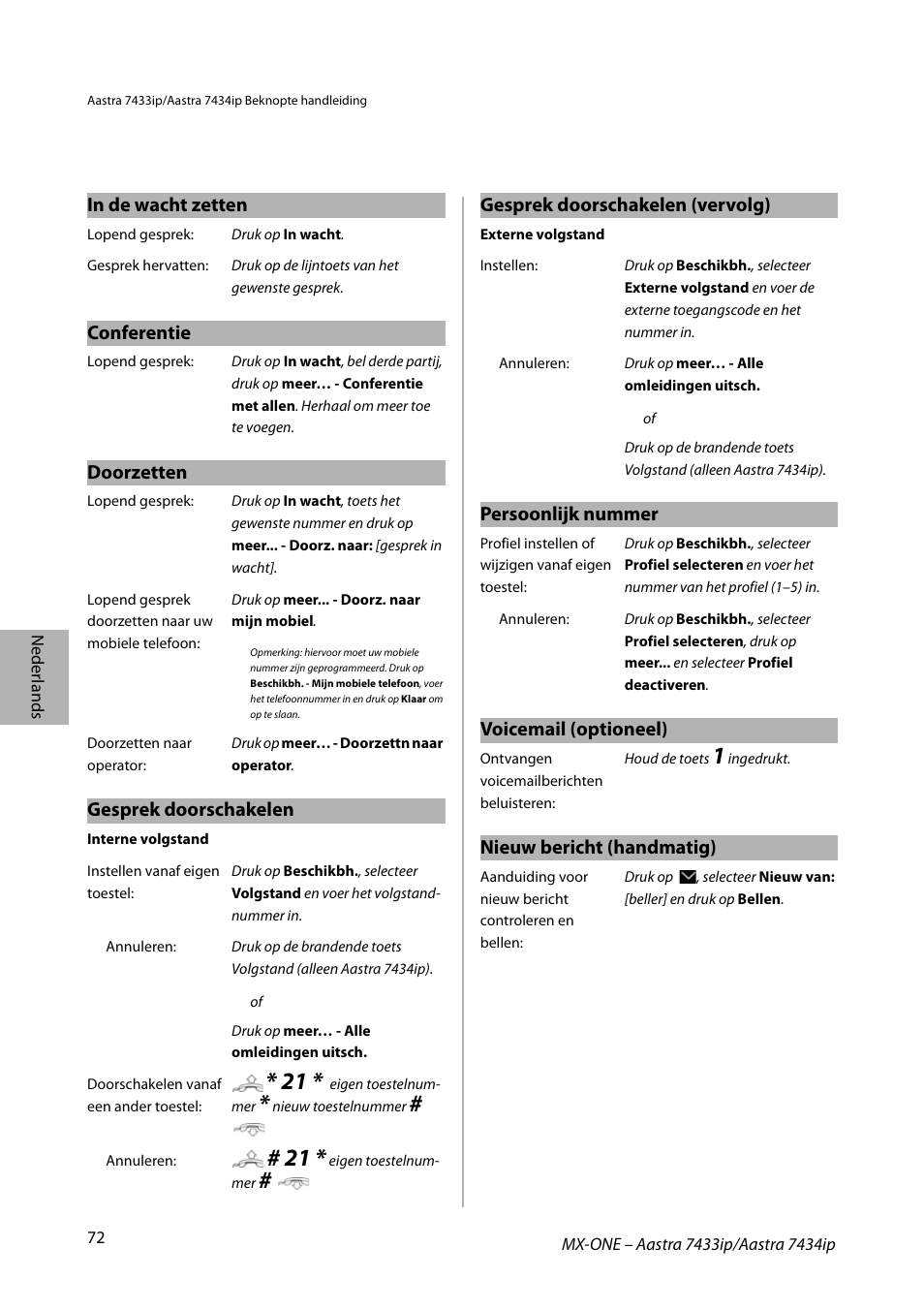 Conferentie, Doorzetten, Gesprek doorschakelen | Persoonlijk nummer, Voicemail (optioneel), Nieuw bericht (handmatig), Gesprek doorschakelen (vervolg) | AASTRA 7434ip for MX-ONE Quick Reference Guide User Manual | Page 72 / 132