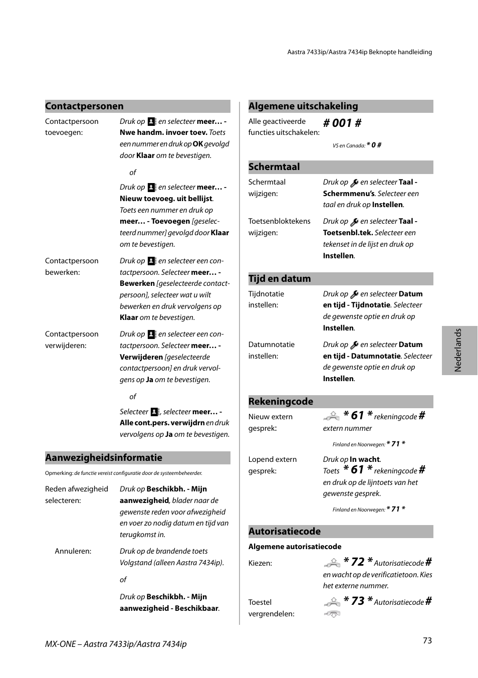 Contactpersonen, Aanwezigheidsinformatie, Algemene uitschakeling | Schermtaal, Tijd en datum, Rekeningcode, Autorisatiecode | AASTRA 7434ip for MX-ONE Quick Reference Guide User Manual | Page 73 / 132
