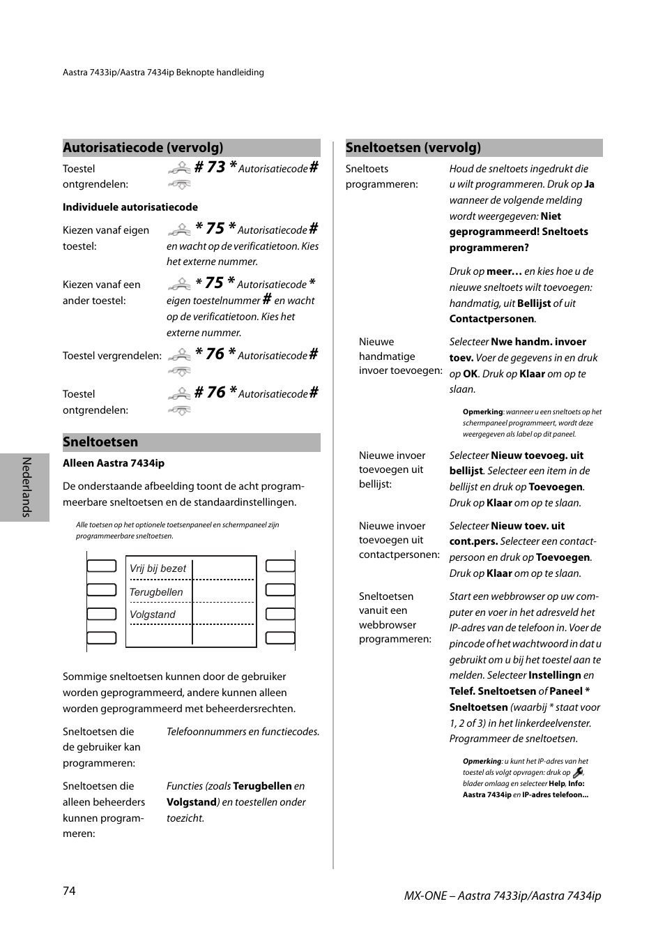 Sneltoetsen, Autorisatiecode (vervolg), Sneltoetsen (vervolg) | AASTRA 7434ip for MX-ONE Quick Reference Guide User Manual | Page 74 / 132