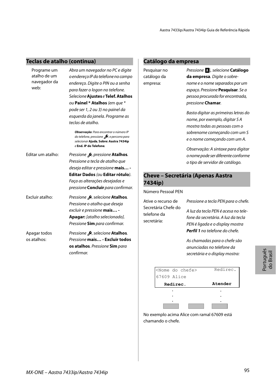 Teclas de atalho (continua) catálogo da empresa, Cheve – secretária (apenas aastra 7434ip) | AASTRA 7434ip for MX-ONE Quick Reference Guide User Manual | Page 95 / 132