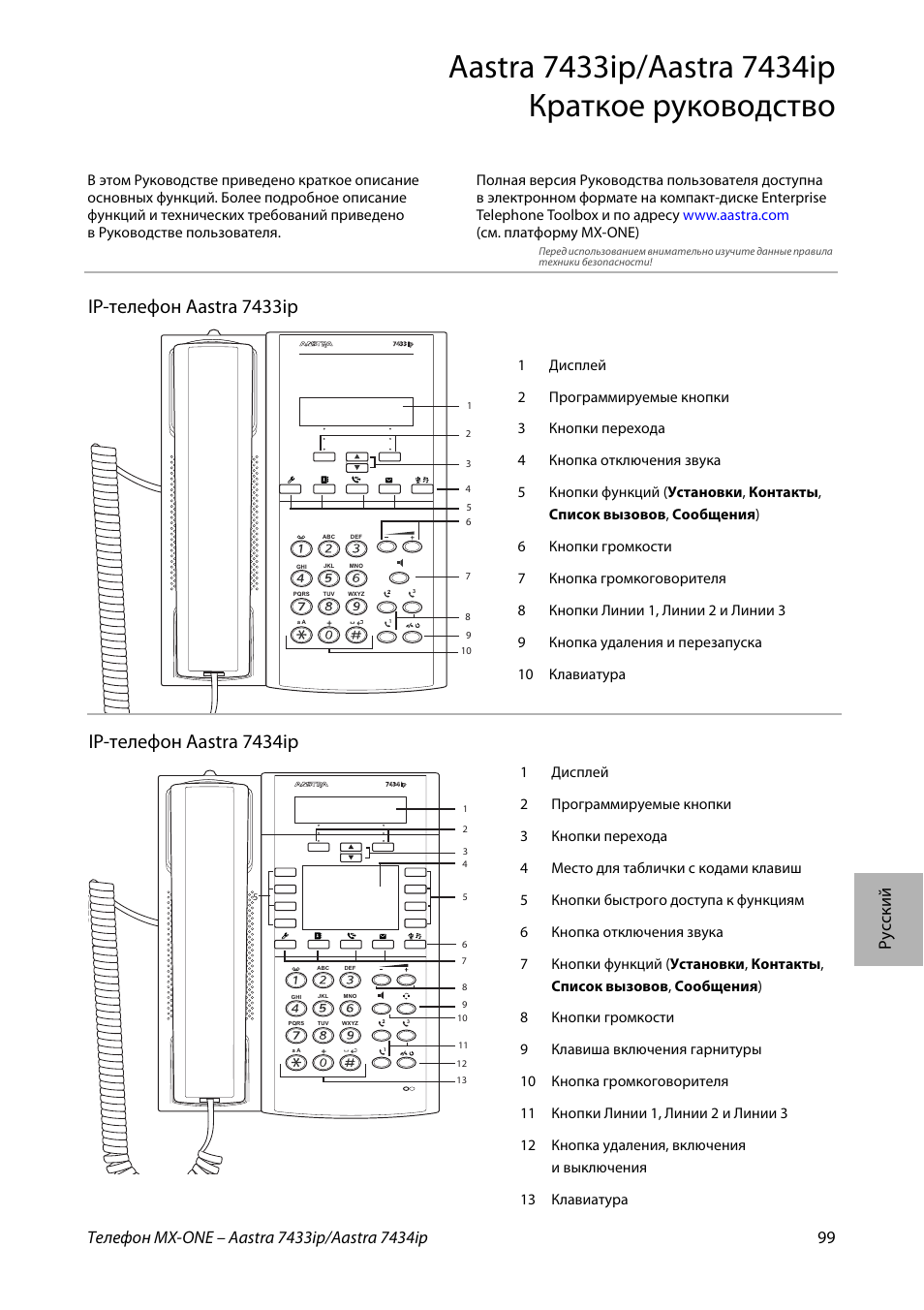 Ip-телефон aastra 7434ip, Ip-телефон aastra 7433ip | AASTRA 7434ip for MX-ONE Quick Reference Guide User Manual | Page 99 / 132