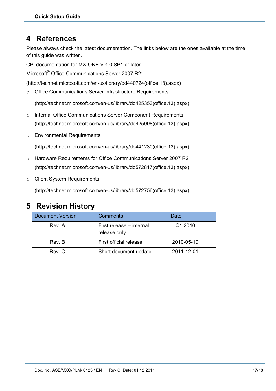 4 references, 5 revision history, References | Revision history | AASTRA MX-ONE V4.0 OCS 2007 Quick Setup Guide User Manual | Page 17 / 18