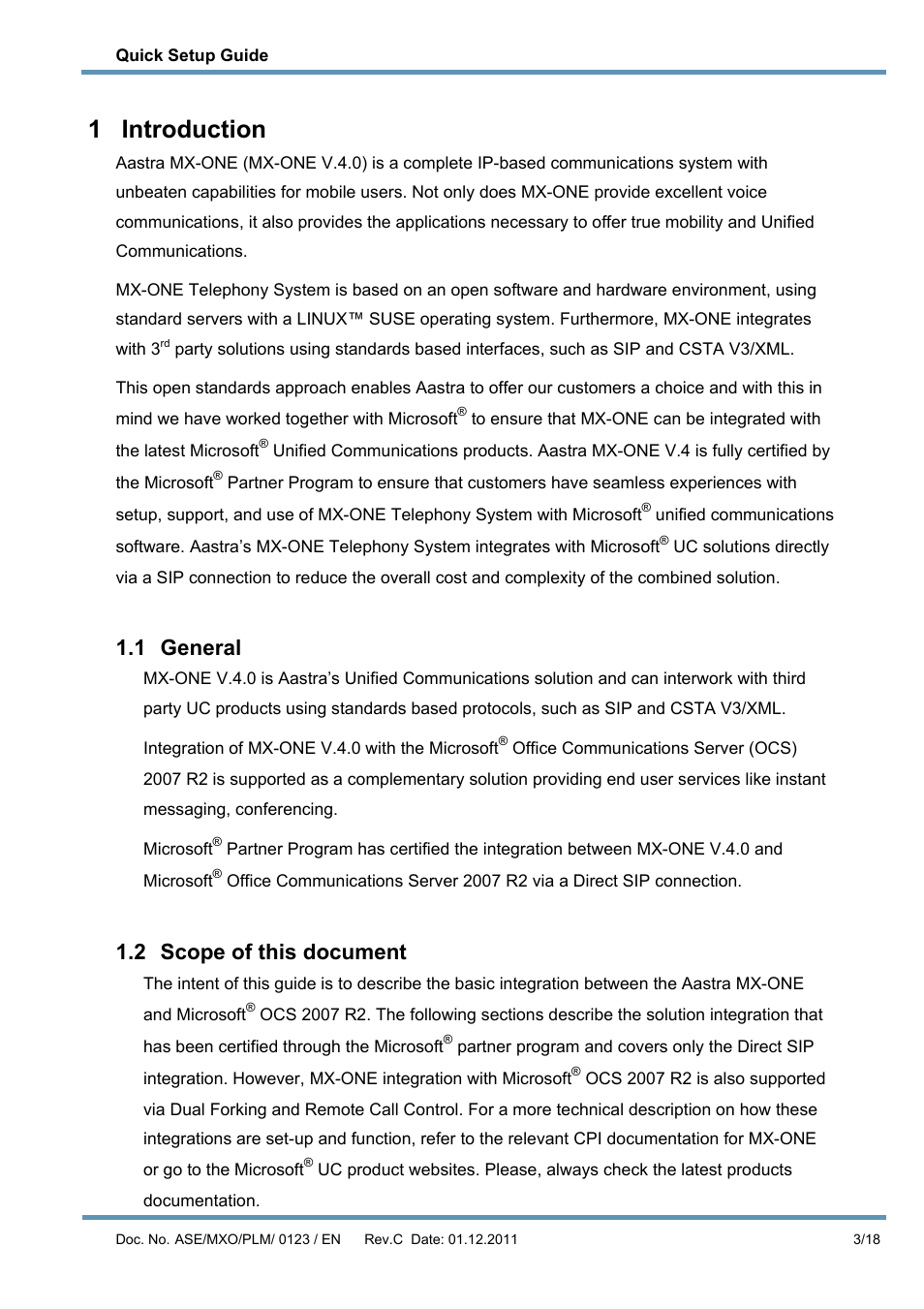 1 introduction, 1 general, 2 scope of this document | Introduction, Eneral, Cope of this document | AASTRA MX-ONE V4.0 OCS 2007 Quick Setup Guide User Manual | Page 3 / 18