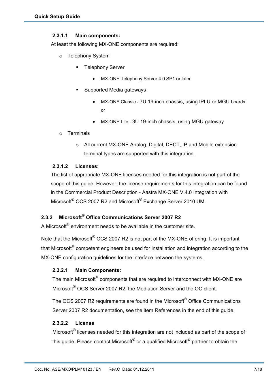 1 main components, 2 licenses, 2 microsoft® office communications server 2007 r2 | 2 license, Microsoft, Office communications server 2007 r2 | AASTRA MX-ONE V4.0 OCS 2007 Quick Setup Guide User Manual | Page 7 / 18