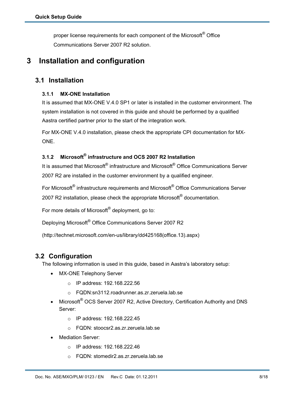 3 installation and configuration, 1 installation, 1 mx-one installation | 2 configuration, Installation and configuration, Nstallation, Mx-one installation, Microsoft, Infrastructure and ocs 2007 r2 installation, Onfiguration | AASTRA MX-ONE V4.0 OCS 2007 Quick Setup Guide User Manual | Page 8 / 18