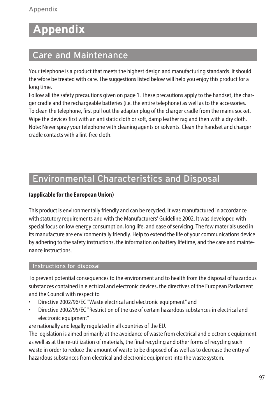 Appendix, Care and maintenance, Environmental characteristics and disposal | Instructions for disposal | AASTRA 600d for OpenCom 1000 User Guide (with bookmarks) EN User Manual | Page 103 / 118