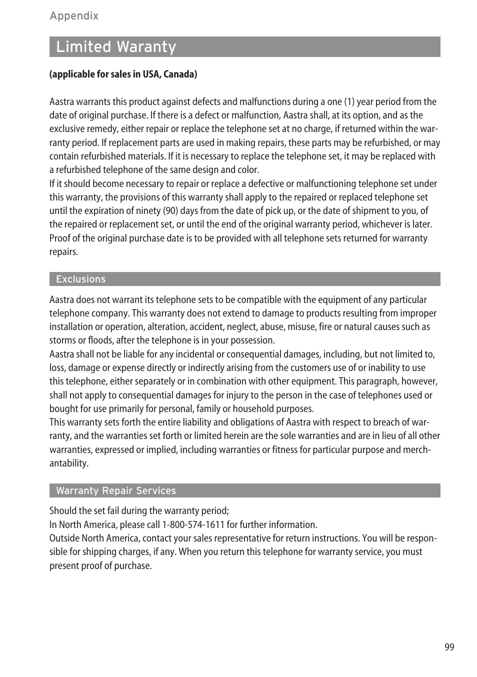 Limited waranty, Exclusions, Warranty repair services | Exclusions ……………………………………………………………………………99 | AASTRA 600d for OpenCom 1000 User Guide (with bookmarks) EN User Manual | Page 105 / 118