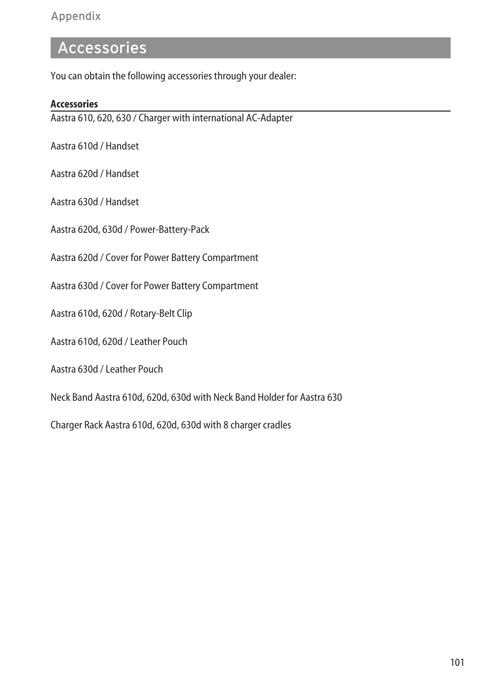 Accessories, After warranty service ………………………………………………………………100 | AASTRA 600d for OpenCom 1000 User Guide (with bookmarks) EN User Manual | Page 107 / 118