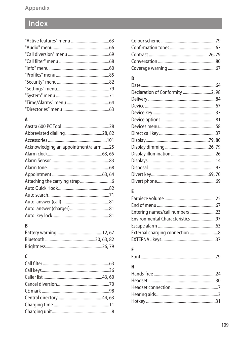 Index, Menu structure, Index …………………………………………………………………………………109 | AASTRA 600d for OpenCom 1000 User Guide (with bookmarks) EN User Manual | Page 115 / 118