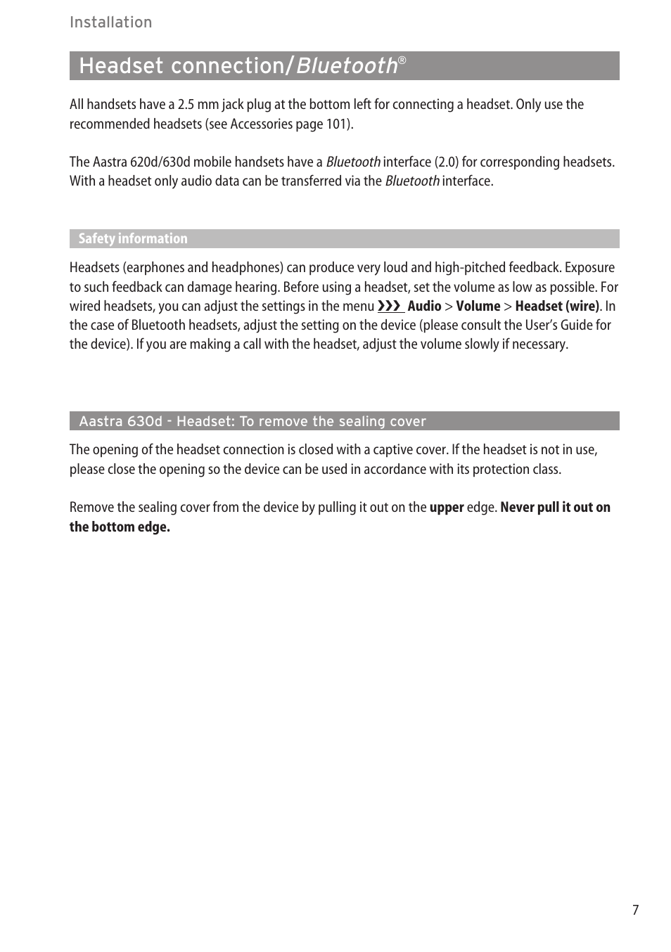Headset connection/bluetooth, Aastra 630d - headset: to remove the sealing cover, Bluetooth | Headset connection | AASTRA 600d for OpenCom 1000 User Guide (with bookmarks) EN User Manual | Page 13 / 118