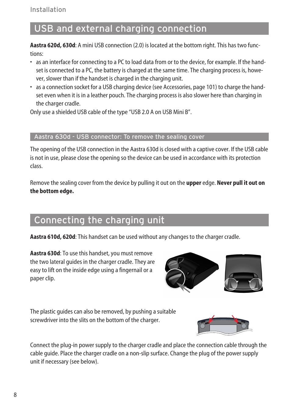 Usb and external charging connection, Connecting the charging unit | AASTRA 600d for OpenCom 1000 User Guide (with bookmarks) EN User Manual | Page 14 / 118