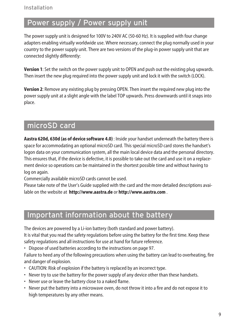 Power supply / power supply unit, Microsd card, Important information about the battery | AASTRA 600d for OpenCom 1000 User Guide (with bookmarks) EN User Manual | Page 15 / 118