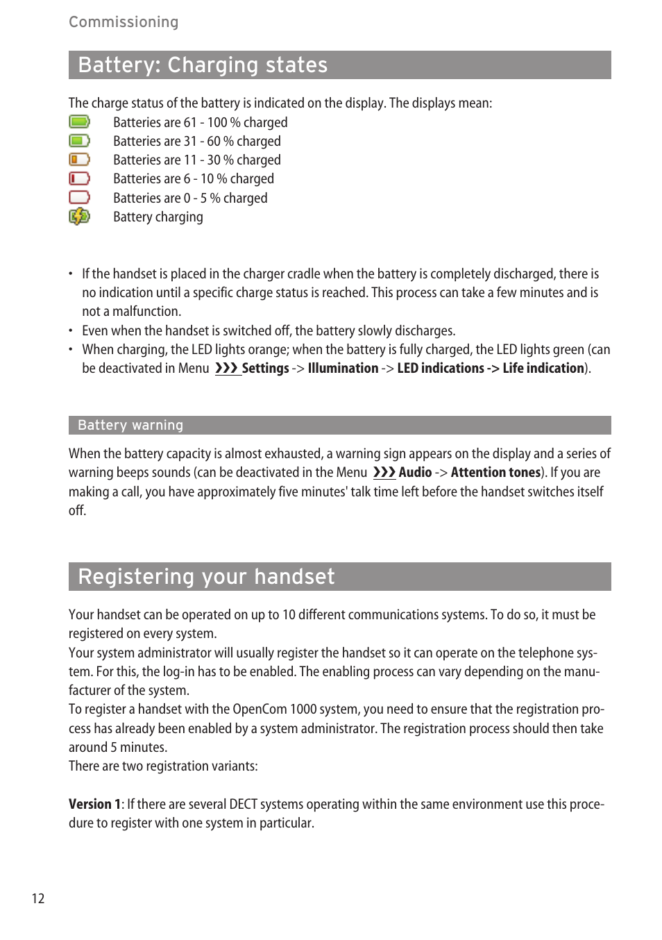 Battery: charging states, Battery warning, Registering your handset | Battery warning ………………………………………………………………………12 | AASTRA 600d for OpenCom 1000 User Guide (with bookmarks) EN User Manual | Page 18 / 118