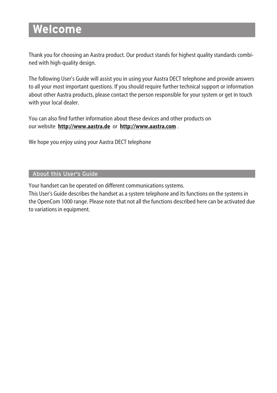 Welcome, About this user's guide | AASTRA 600d for OpenCom 1000 User Guide (with bookmarks) EN User Manual | Page 2 / 118