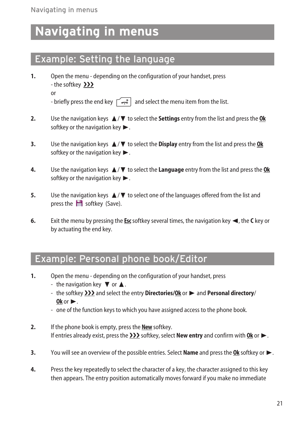 Navigating in menus, Example: setting the language, Example: personal phone book/editor | AASTRA 600d for OpenCom 1000 User Guide (with bookmarks) EN User Manual | Page 27 / 118