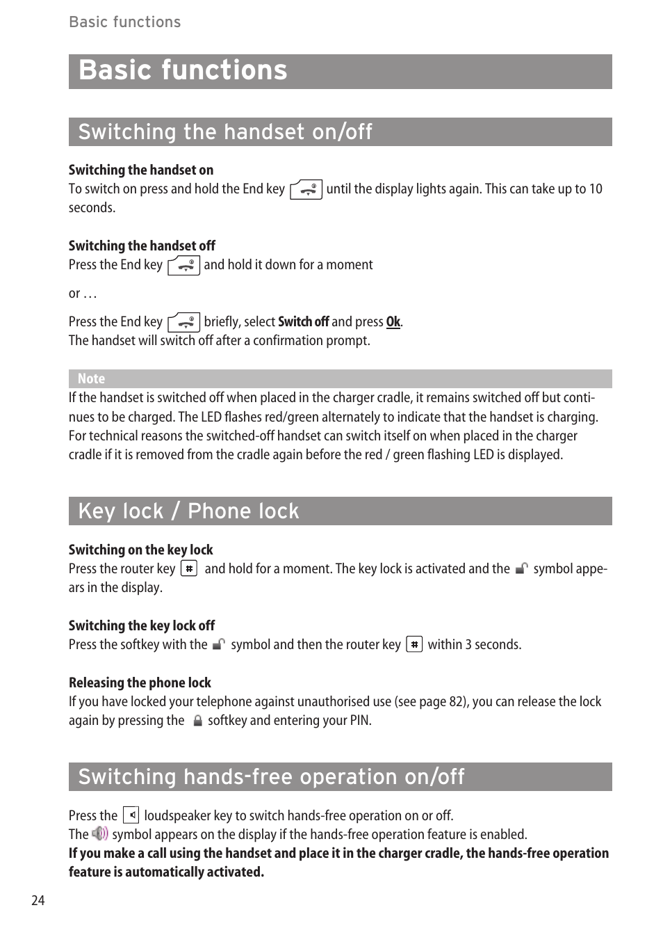 Basic functions, Switching the handset on/off, Key lock / phone lock | Switching hands-free operation on/off | AASTRA 600d for OpenCom 1000 User Guide (with bookmarks) EN User Manual | Page 30 / 118