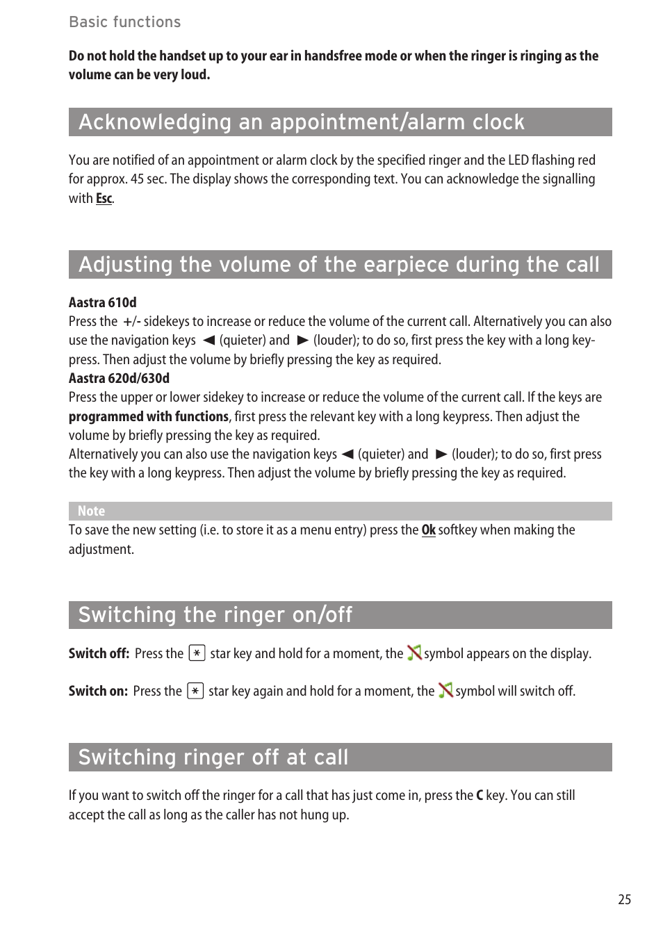 Acknowledging an appointment/alarm clock, Switching the ringer on/off, Switching ringer off at call | AASTRA 600d for OpenCom 1000 User Guide (with bookmarks) EN User Manual | Page 31 / 118