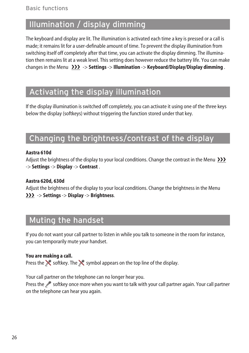 Illumination / display dimming, Activating the display illumination, Changing the brightness/contrast of the display | Muting the handset | AASTRA 600d for OpenCom 1000 User Guide (with bookmarks) EN User Manual | Page 32 / 118