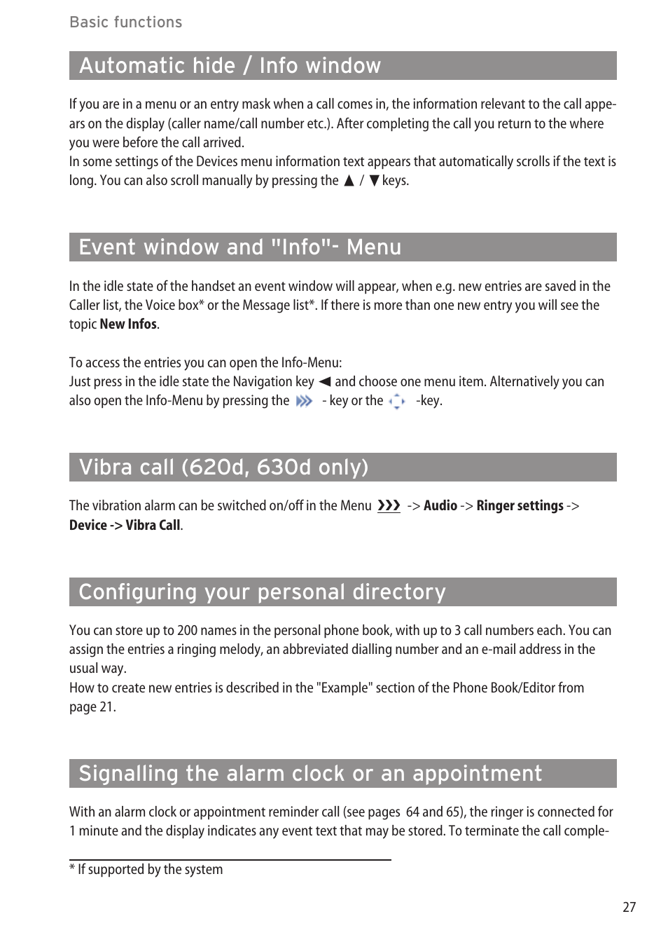 Automatic hide / info window, Event window and "info"- menu, Vibra call (620d, 630d only) | Configuring your personal directory, Signalling the alarm clock or an appointment | AASTRA 600d for OpenCom 1000 User Guide (with bookmarks) EN User Manual | Page 33 / 118