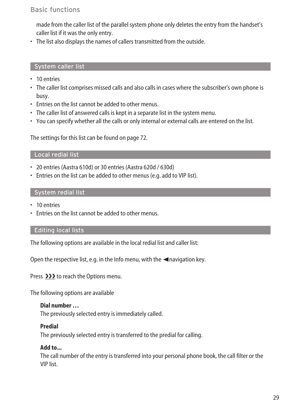 System caller list, Local redial list, System redial list | Editing local lists | AASTRA 600d for OpenCom 1000 User Guide (with bookmarks) EN User Manual | Page 35 / 118