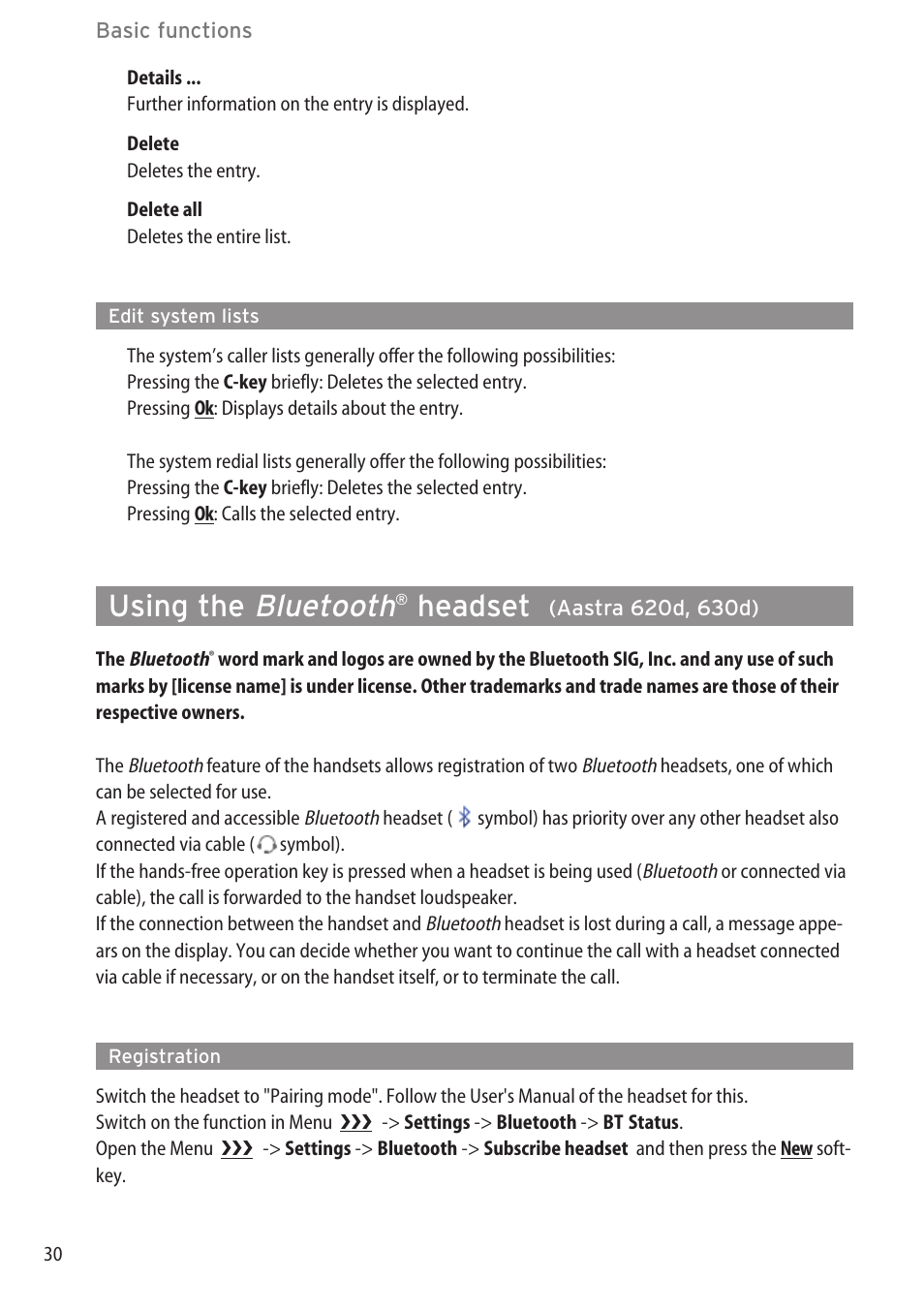 Edit system lists, Using the bluetooth® headset (aastra 620d, 630d), Registration | Bluetooth, Using the, Headset | AASTRA 600d for OpenCom 1000 User Guide (with bookmarks) EN User Manual | Page 36 / 118