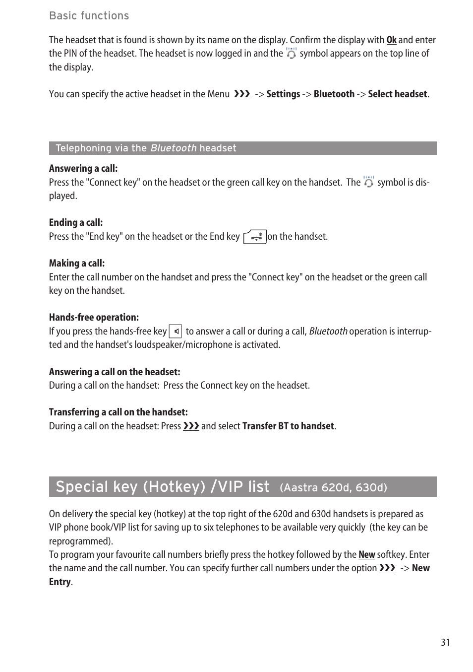 Telephoning via the bluetooth headset, Special key (hotkey) /vip list (aastra 620d, 630d), Special key (hotkey) /vip list | AASTRA 600d for OpenCom 1000 User Guide (with bookmarks) EN User Manual | Page 37 / 118