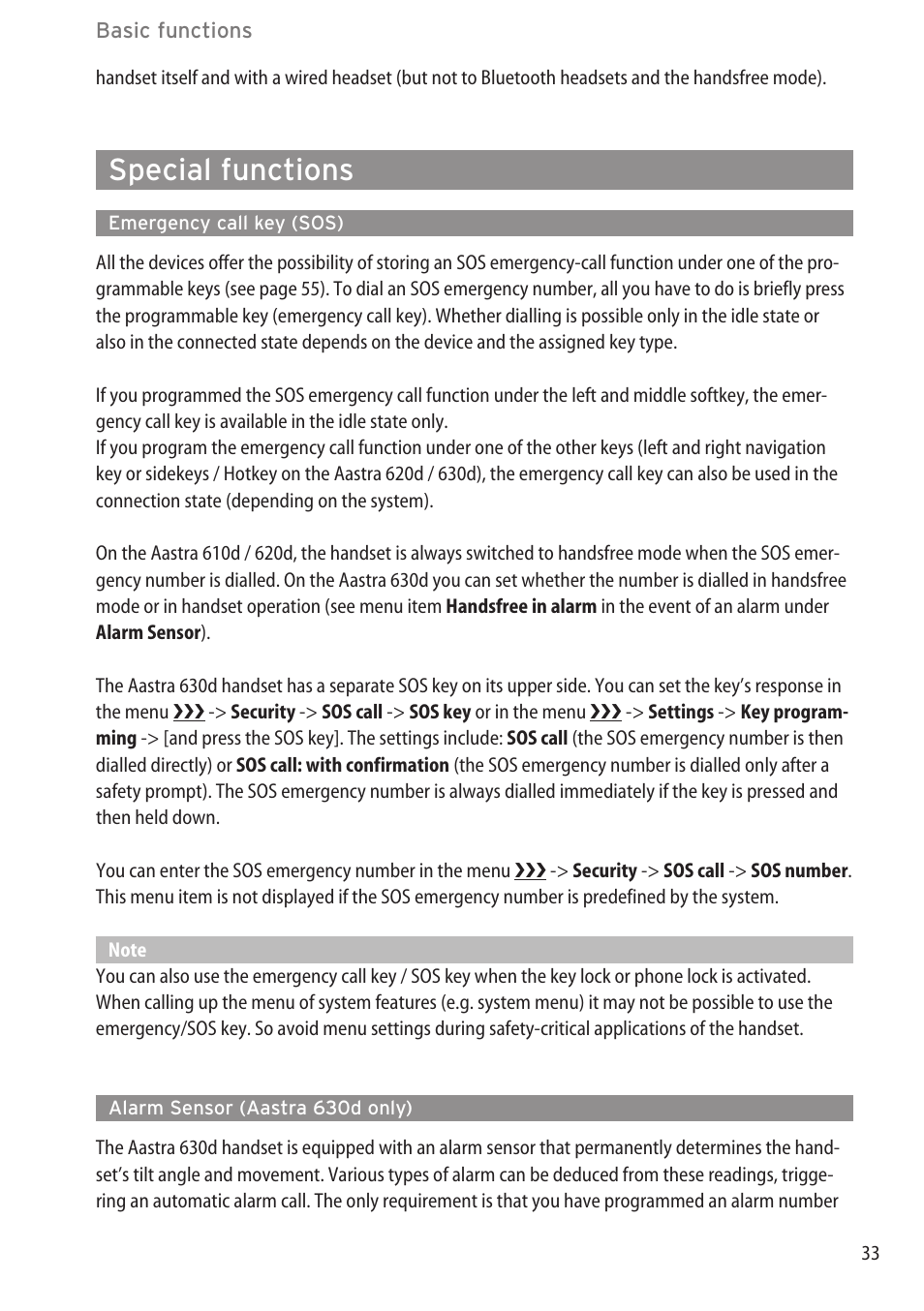 Special functions, Emergency call key (sos), Alarm sensor (aastra 630d only) | Adapting to your environment, Special functions ………………………………………………………………………33 | AASTRA 600d for OpenCom 1000 User Guide (with bookmarks) EN User Manual | Page 39 / 118