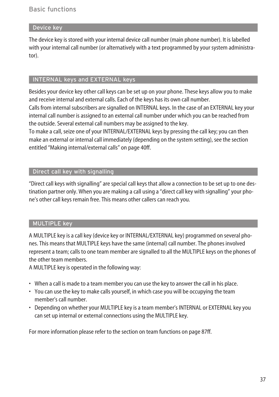 Device key, Internal keys and external keys, Direct call key with signalling | Multiple key | AASTRA 600d for OpenCom 1000 User Guide (with bookmarks) EN User Manual | Page 43 / 118