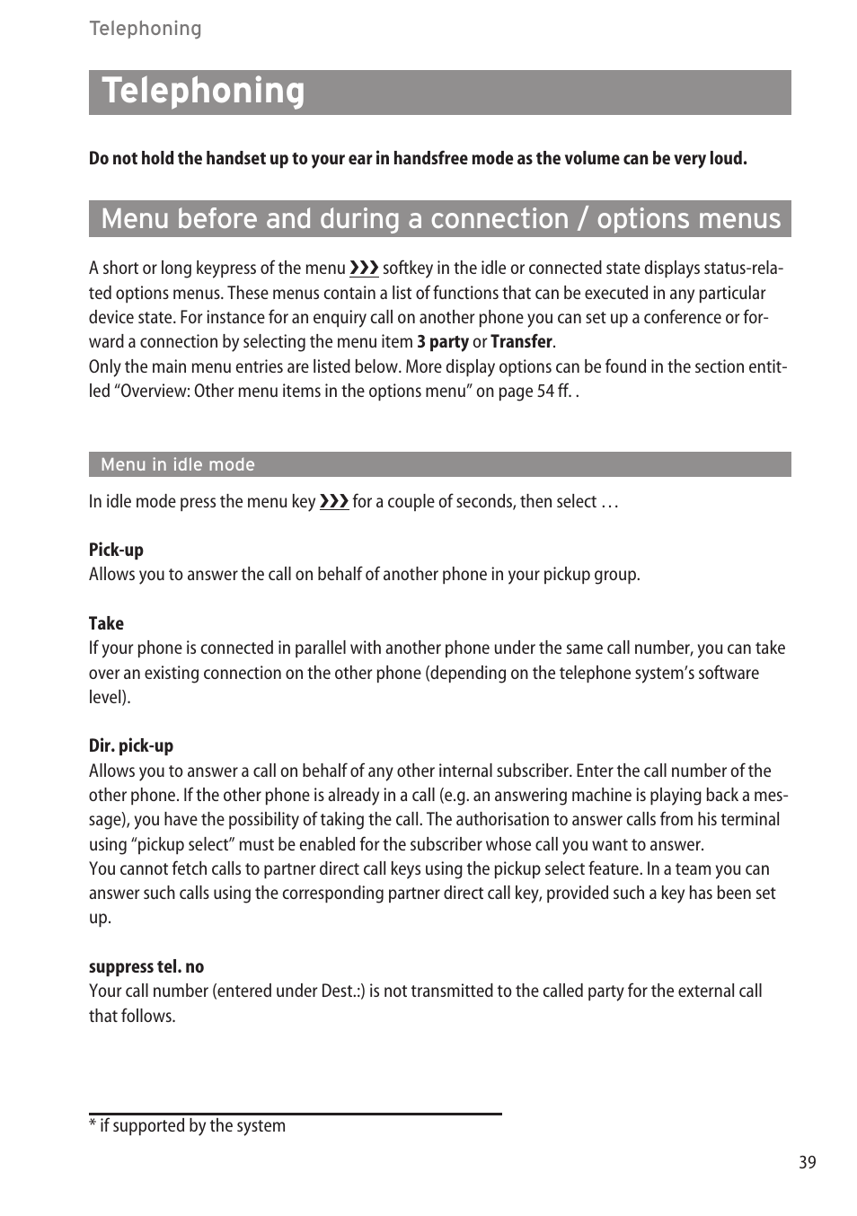 Telephoning, Menu in idle mode | AASTRA 600d for OpenCom 1000 User Guide (with bookmarks) EN User Manual | Page 45 / 118