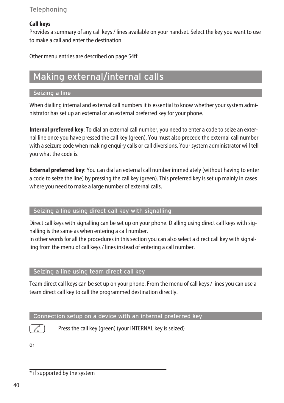 Making external/internal calls, Seizing a line, Seizing a line using team direct call key | Menu in idle mode ……………………………………………………………………39 | AASTRA 600d for OpenCom 1000 User Guide (with bookmarks) EN User Manual | Page 46 / 118