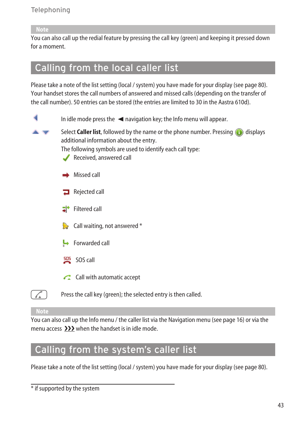 Calling from the local caller list, Calling from the system’s caller list | AASTRA 600d for OpenCom 1000 User Guide (with bookmarks) EN User Manual | Page 49 / 118