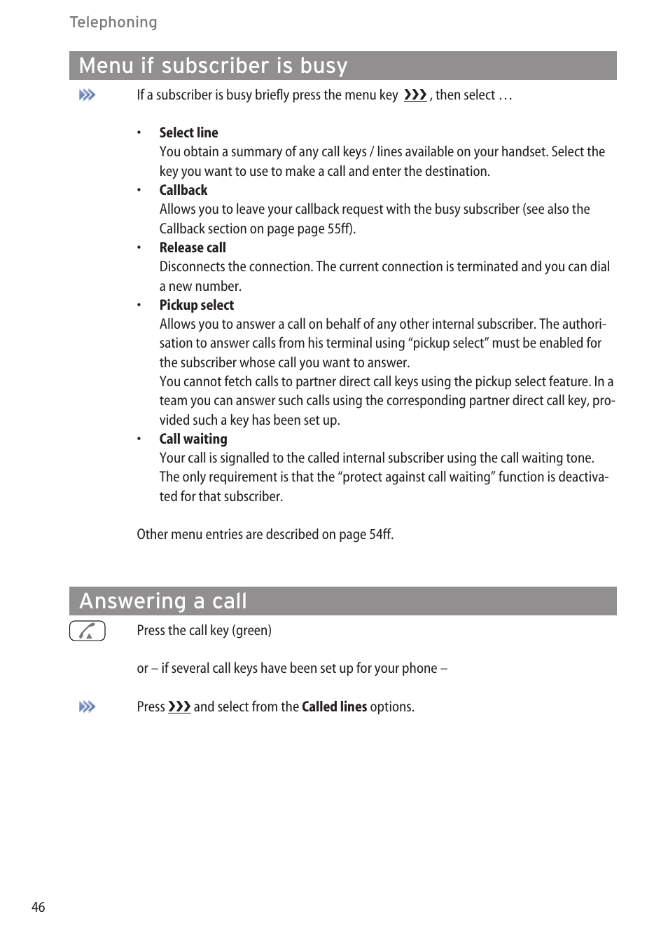 Menu if subscriber is busy, Answering a call | AASTRA 600d for OpenCom 1000 User Guide (with bookmarks) EN User Manual | Page 52 / 118