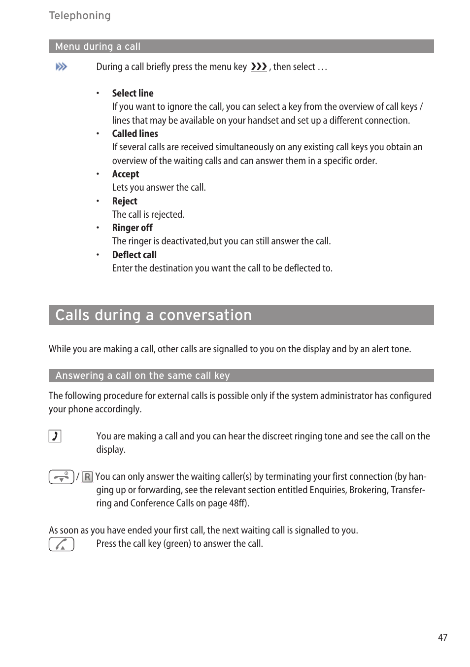 Menu during a call, Calls during a conversation, Answering a call on the same call key | Nswering a call …………………………………………………………………………46, Menu during a call ……………………………………………………………………47 | AASTRA 600d for OpenCom 1000 User Guide (with bookmarks) EN User Manual | Page 53 / 118