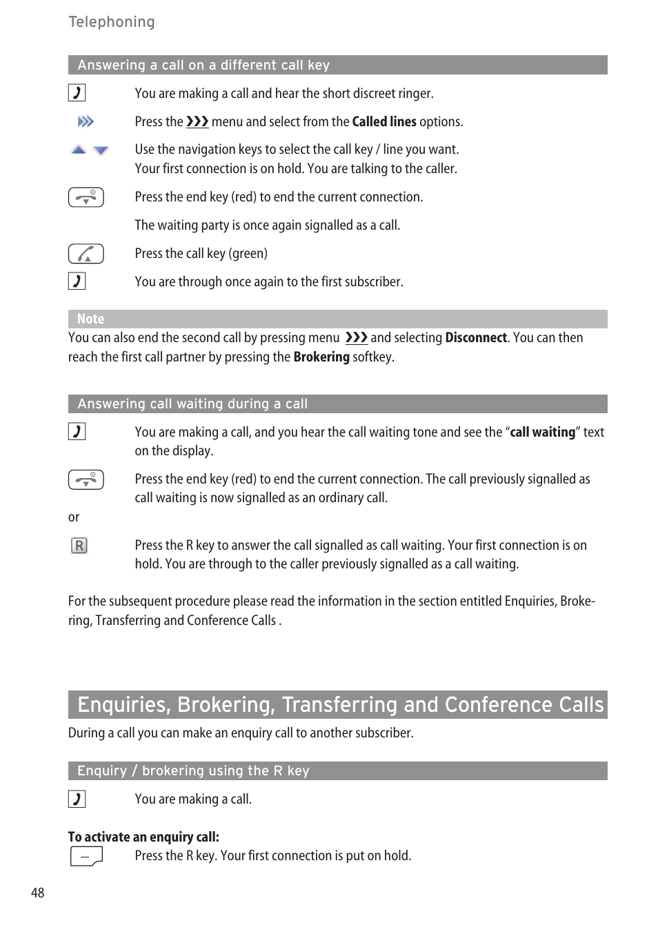 Answering a call on a different call key, Answering call waiting during a call, Enquiry / brokering using the r key | AASTRA 600d for OpenCom 1000 User Guide (with bookmarks) EN User Manual | Page 54 / 118