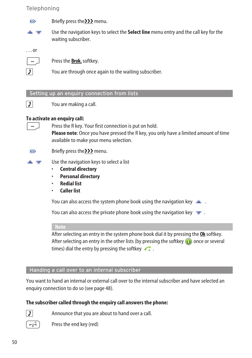 Setting up an enquiry connection from lists, Handing a call over to an internal subscriber | AASTRA 600d for OpenCom 1000 User Guide (with bookmarks) EN User Manual | Page 56 / 118