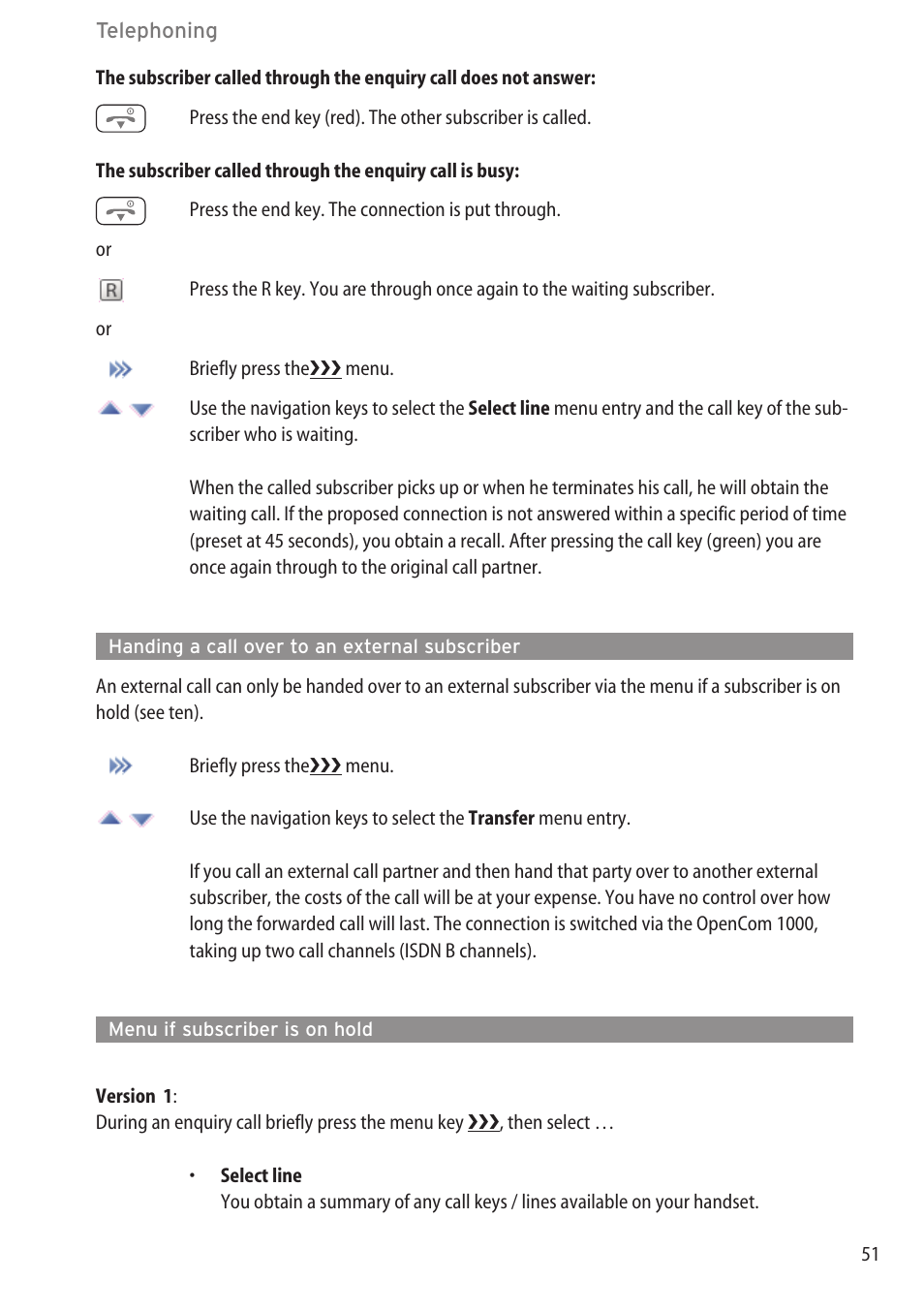 Handing a call over to an external subscriber, Menu if subscriber is on hold | AASTRA 600d for OpenCom 1000 User Guide (with bookmarks) EN User Manual | Page 57 / 118