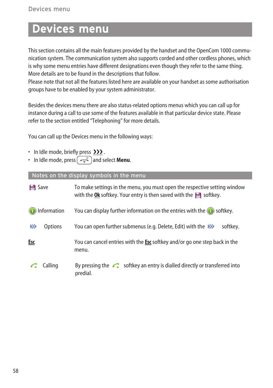 Devices menu, Notes on the display symbols in the menu | AASTRA 600d for OpenCom 1000 User Guide (with bookmarks) EN User Manual | Page 64 / 118