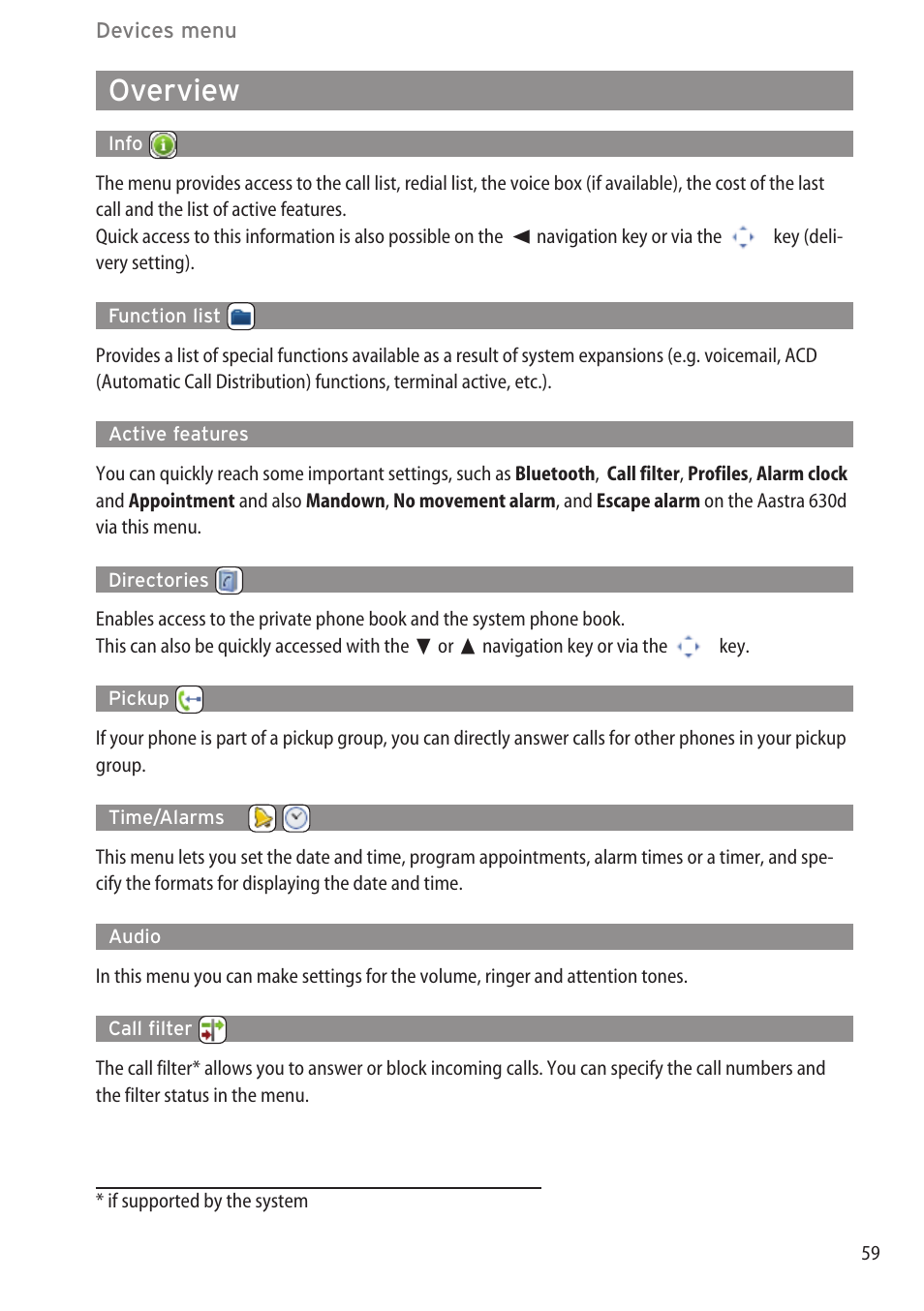 Overview, Info, Function list | Active features, Directories, Pickup, Time/alarms, Audio, Call filter, Overview ………………………………………………………………………………59 | AASTRA 600d for OpenCom 1000 User Guide (with bookmarks) EN User Manual | Page 65 / 118