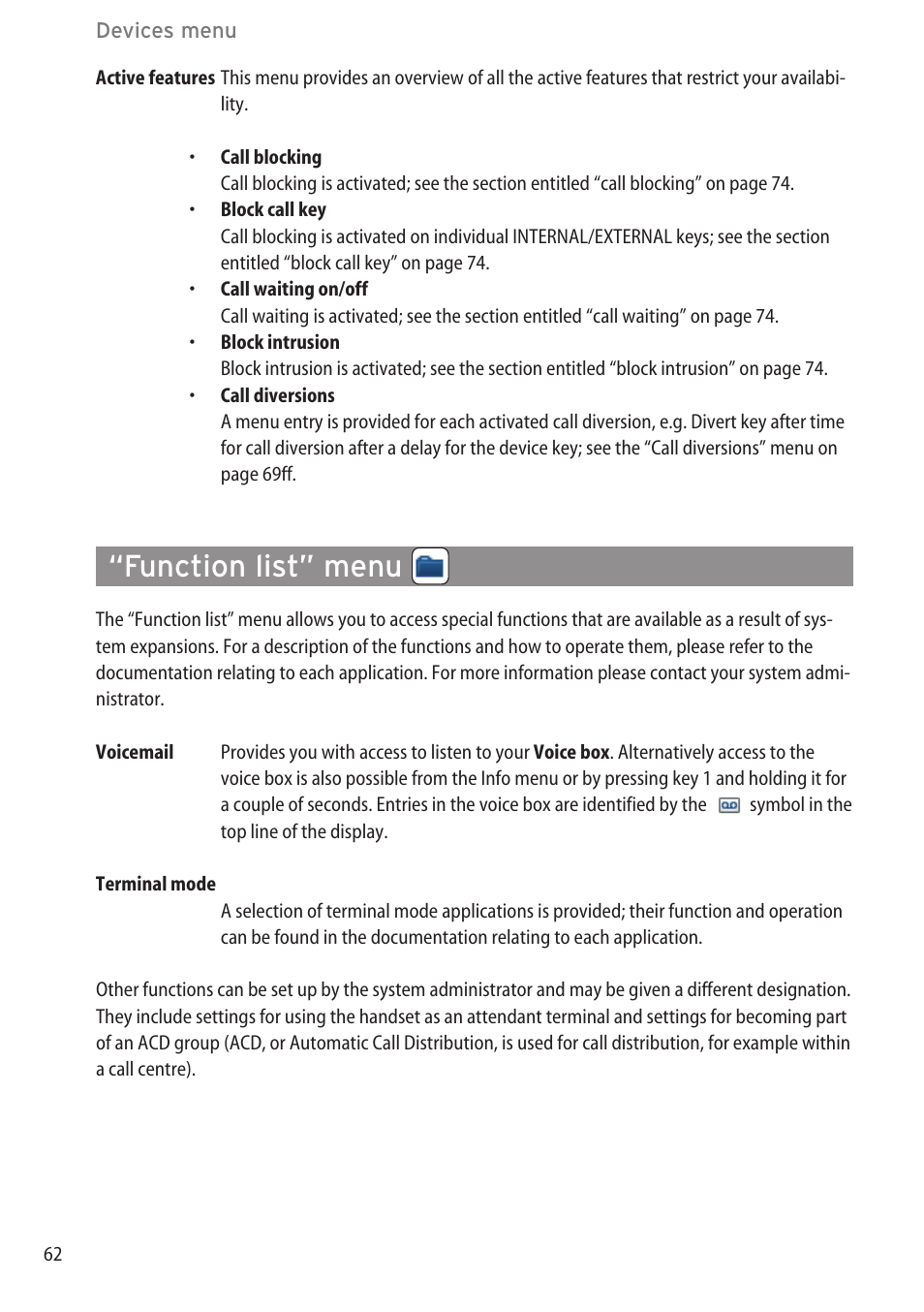 Function list” menu, Info" menu | AASTRA 600d for OpenCom 1000 User Guide (with bookmarks) EN User Manual | Page 68 / 118