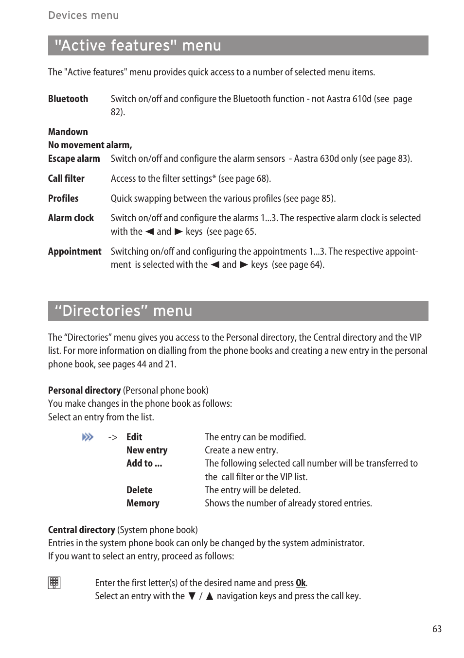 Active features" menu, Directories” menu | AASTRA 600d for OpenCom 1000 User Guide (with bookmarks) EN User Manual | Page 69 / 118