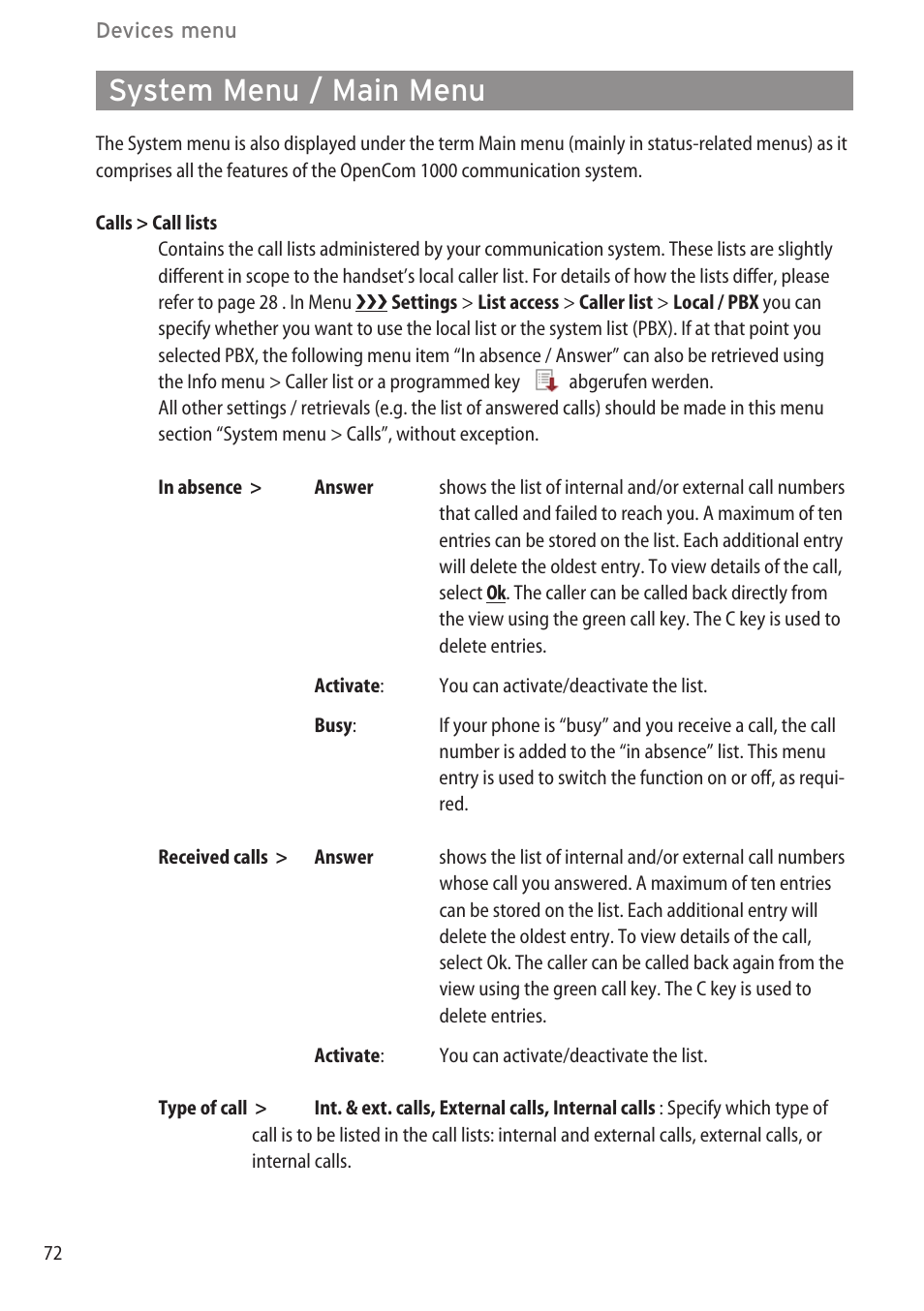 System menu / main menu, System" menu …………………………………………………………………………71 | AASTRA 600d for OpenCom 1000 User Guide (with bookmarks) EN User Manual | Page 78 / 118